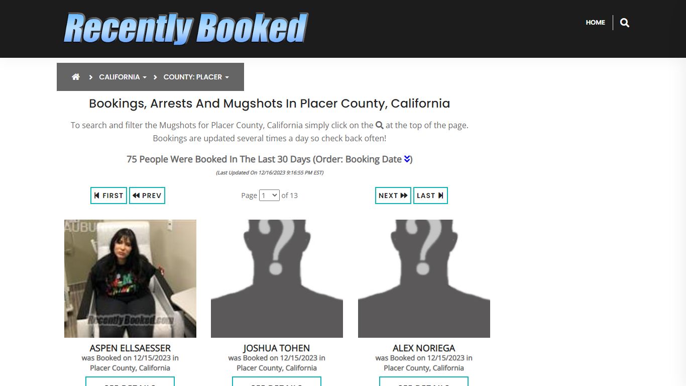 Bookings, Arrests and Mugshots in Placer County, California